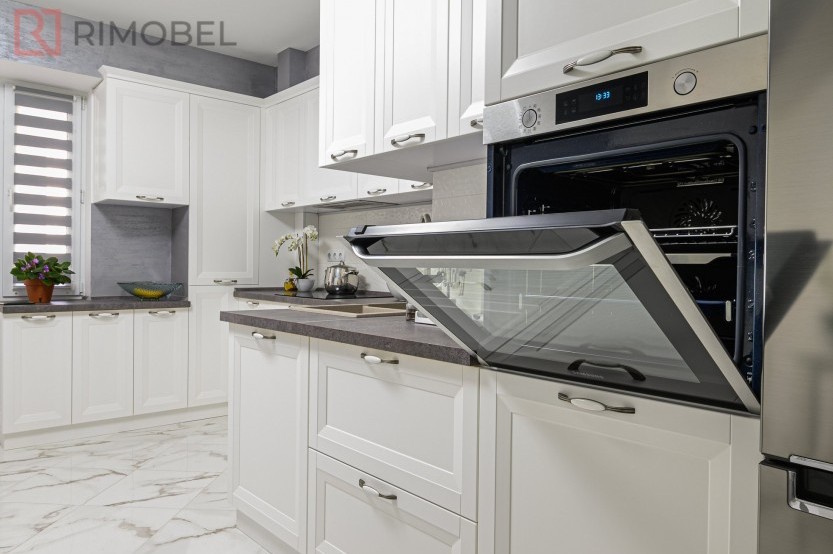 Bucătărie neoclasică în formă de „L” fronturi MDF frezat 3D - vopsit Alb NEO146 Bucătării Neoclasice mobila