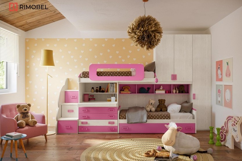 Dormitor fetiță în formă de „L” fronturi MDF vopsit mat cularea Roz DF54 Cameră copii fete la comanda