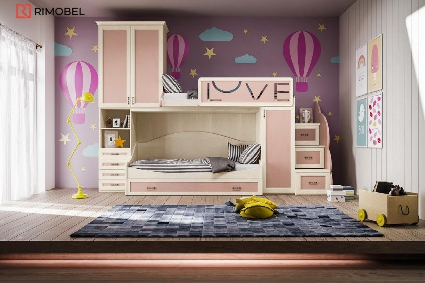 Dormitor fetiță în formă de „L” fronturi MDF vopsit mat cularea Roz DF52 Cameră copii fete mobila