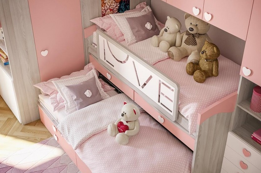 Dormitor fetiță în formă de „L” fronturi MDF vopsit mat cularea Roz DF51 Cameră copii fete la comanda chisinau