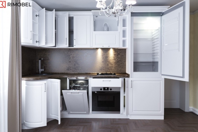 Bucătărie neoclasică în formă de „L” fronturi MDF frezat 3D - vopsit Alb NEO164 Bucătării Neoclasice mobila
