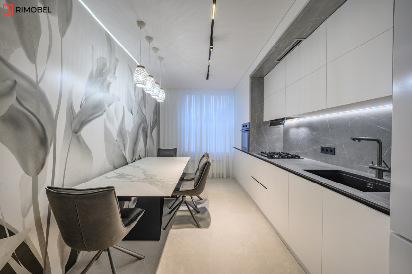 Bucătărie modernă liniară cu fațada MDF vopsit lucios Alb MOD405 Bucătării moderne la comanda