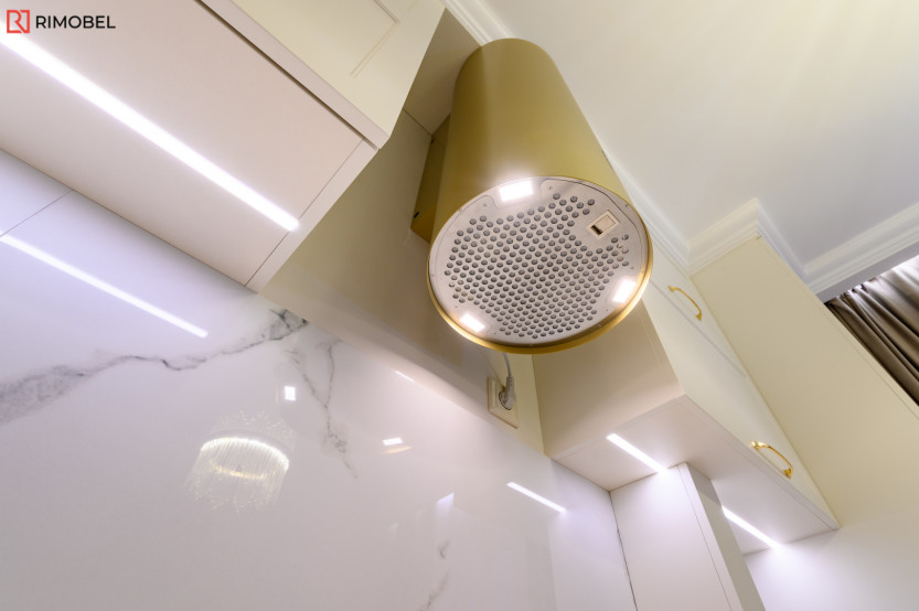 Bucătărie neoclasică în formă de „L” cu fațada MDF frezat 3D - vopsit Fildeș NEO380 Bucătării Neoclasice la comanda chisinau