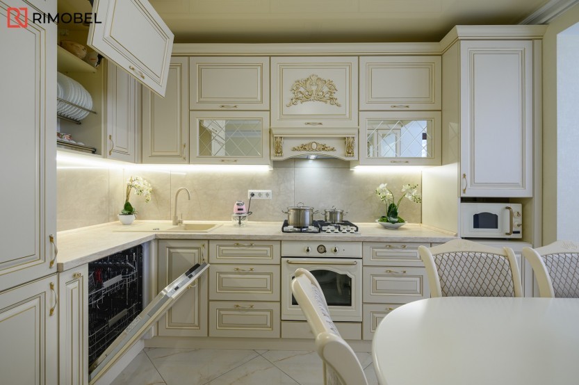 Bucătărie clasică în formă de „L” fronturi MDF frezat 3D - vopsit Bej CLA258 Bucătării clasice la comanda
